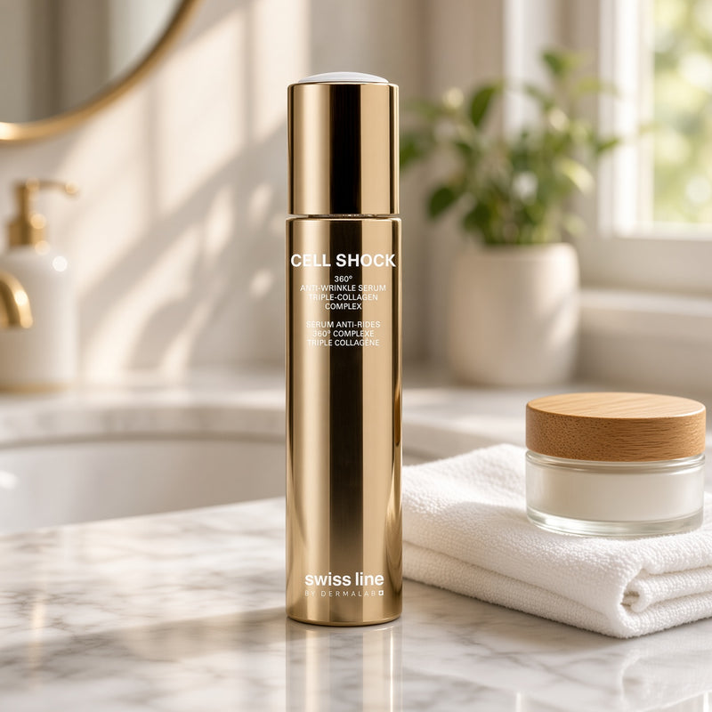 Swissline Cell Shock 360° Anti-Wrinkle Serum 30ml on marble vanity