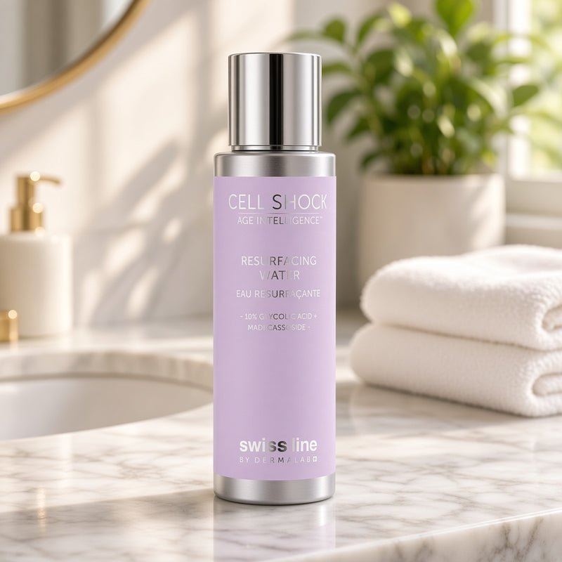 Swissline Cell Shock Age Intelligence Resurfacing Water 100ml on marble vanity