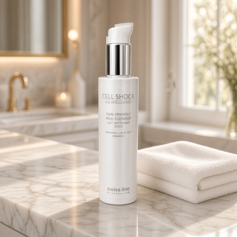 Swissline Cell Shock Age Intelligence Skin-Friendly Milk-Cleanser 160ml on marble vanity