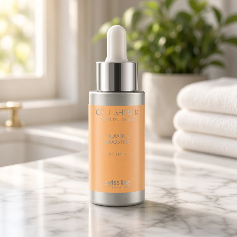 Swissline Cell Shock Age Intelligence Radiance Booster 10% Vitamin C 20ml on marble vanity