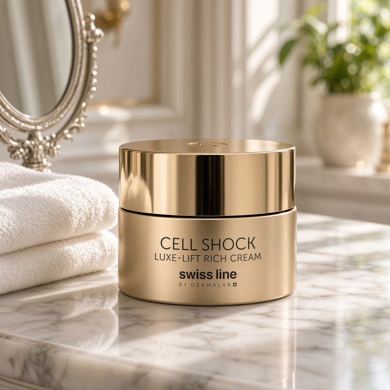 Swissline Cell Shock Luxe-Lift Rich Cream 50ml on marble vanity
