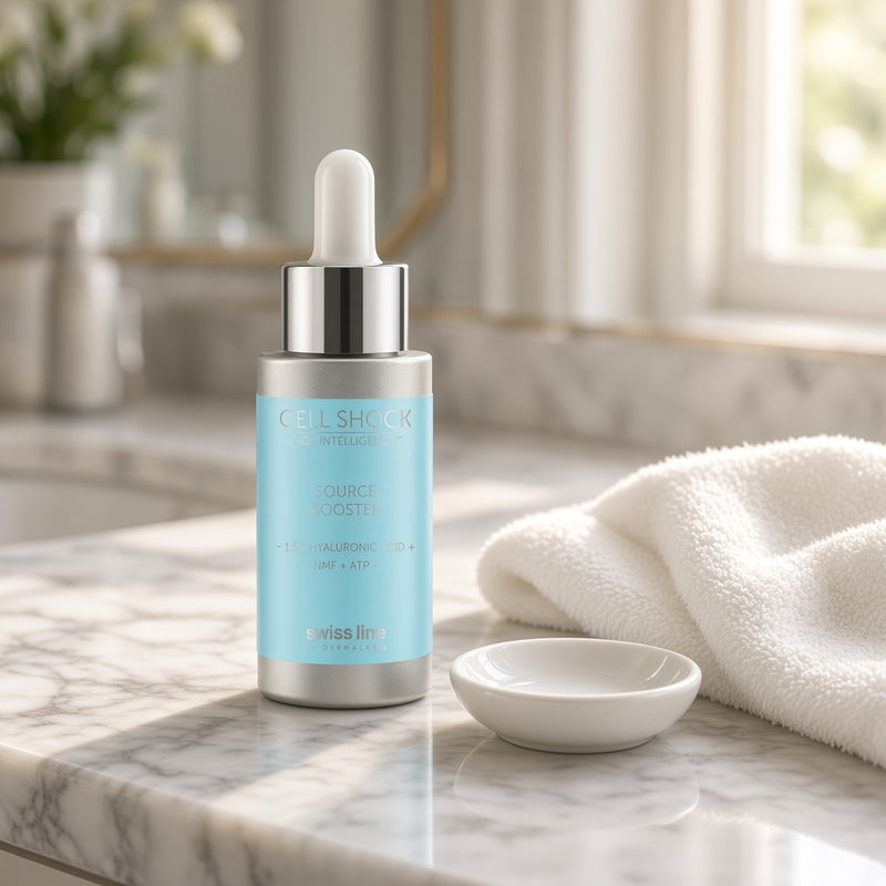 Swissline Cell Shock Age Intelligence Source Booster 1.5% Hyaluronic Acid 20ml on marble vanity