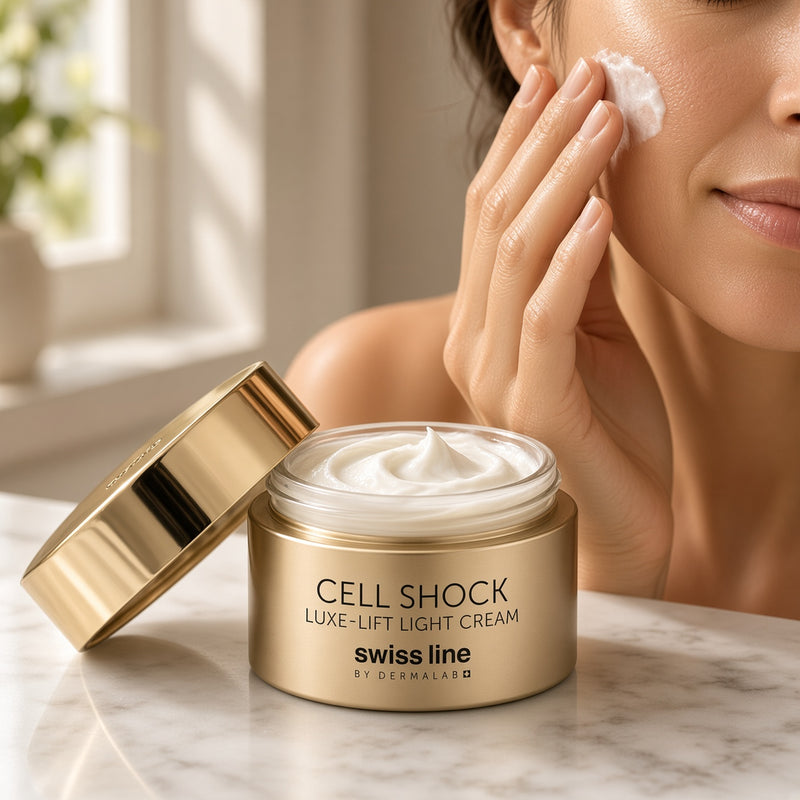 Woman applying Swissline Cell Shock Luxe-Lift Light Cream, with the open jar showing its light cream texture