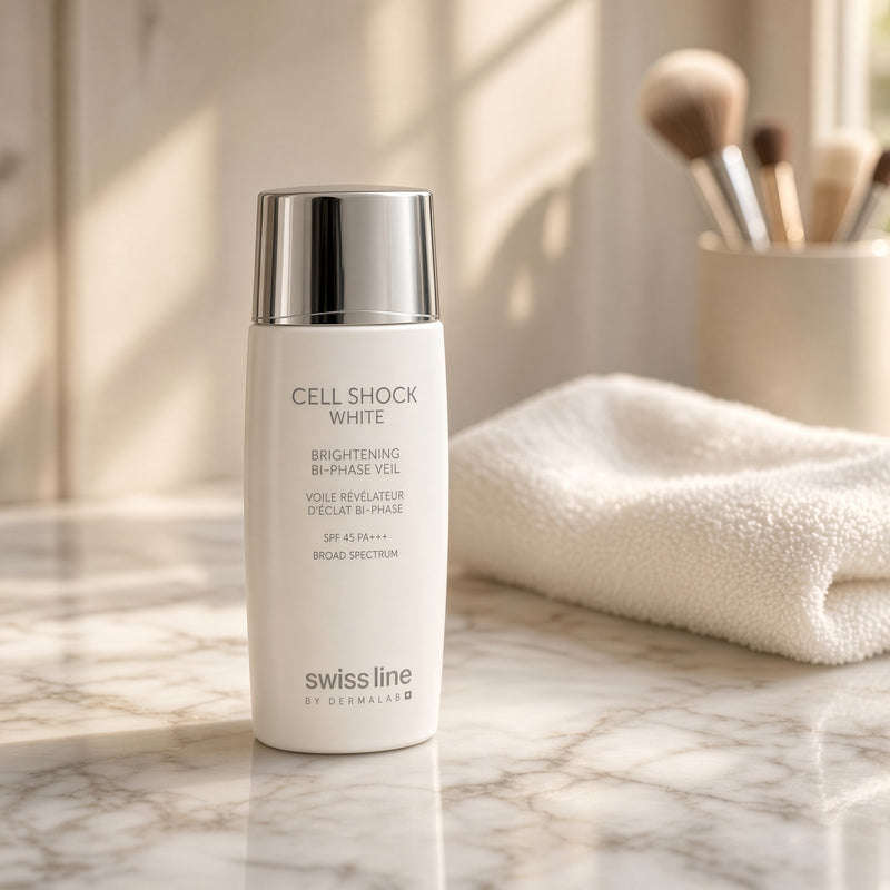 Swissline Cell Shock White Brightening Bi-Phase Veil 45ml on marble vanity with makeup brushes