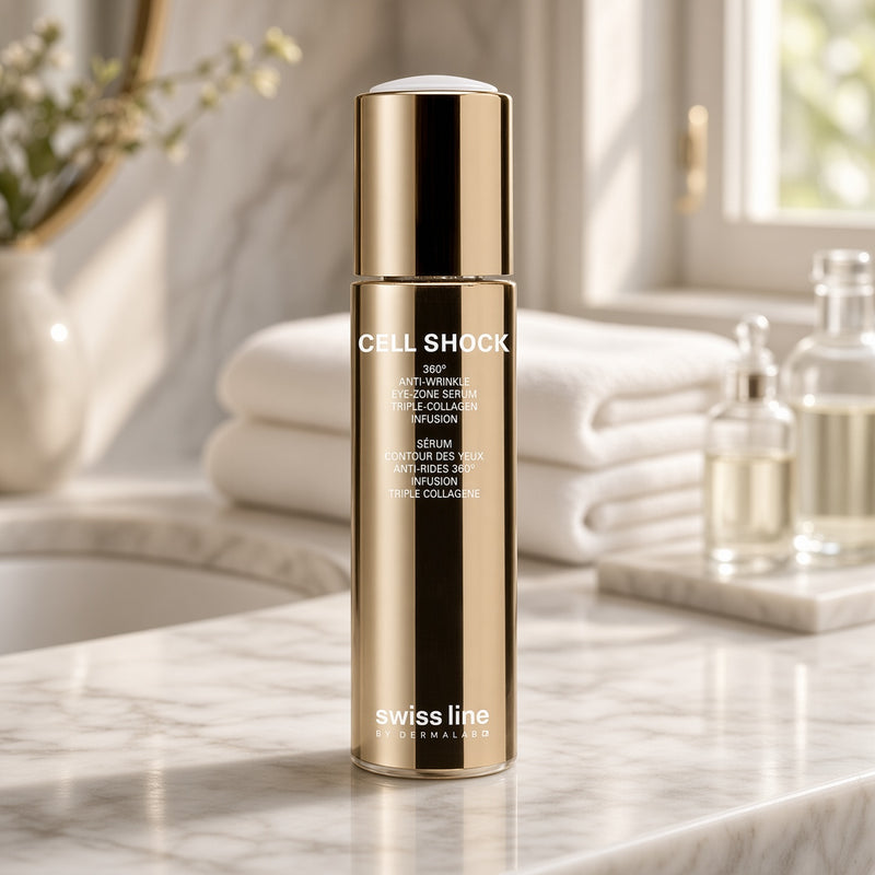 Swissline Cell Shock 360° Anti-Wrinkle Eye-Zone Serum 15ml on marble vanity