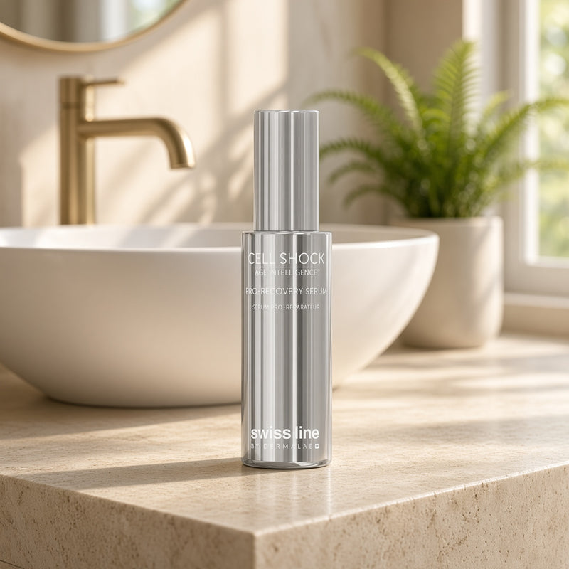 Swissline Cell Shock Age Intelligence Pro-Recovery Serum 30ml on bathroom vanity