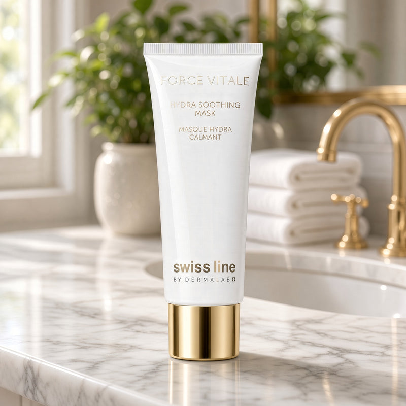 Swissline Force Vitale Hydra Soothing Mask 75ml on marble bathroom vanity