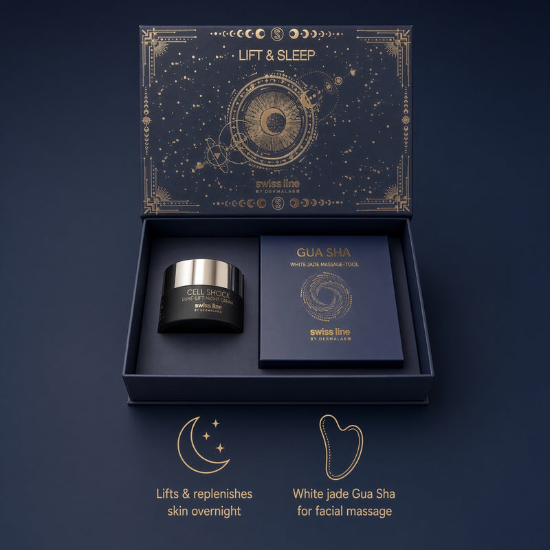 Swissline Lift & Sleep gift set with Cell Shock Luxe-Lift Night Cream and white jade Gua Sha: lifts and replenishes skin overnight, Gua Sha for facial massage